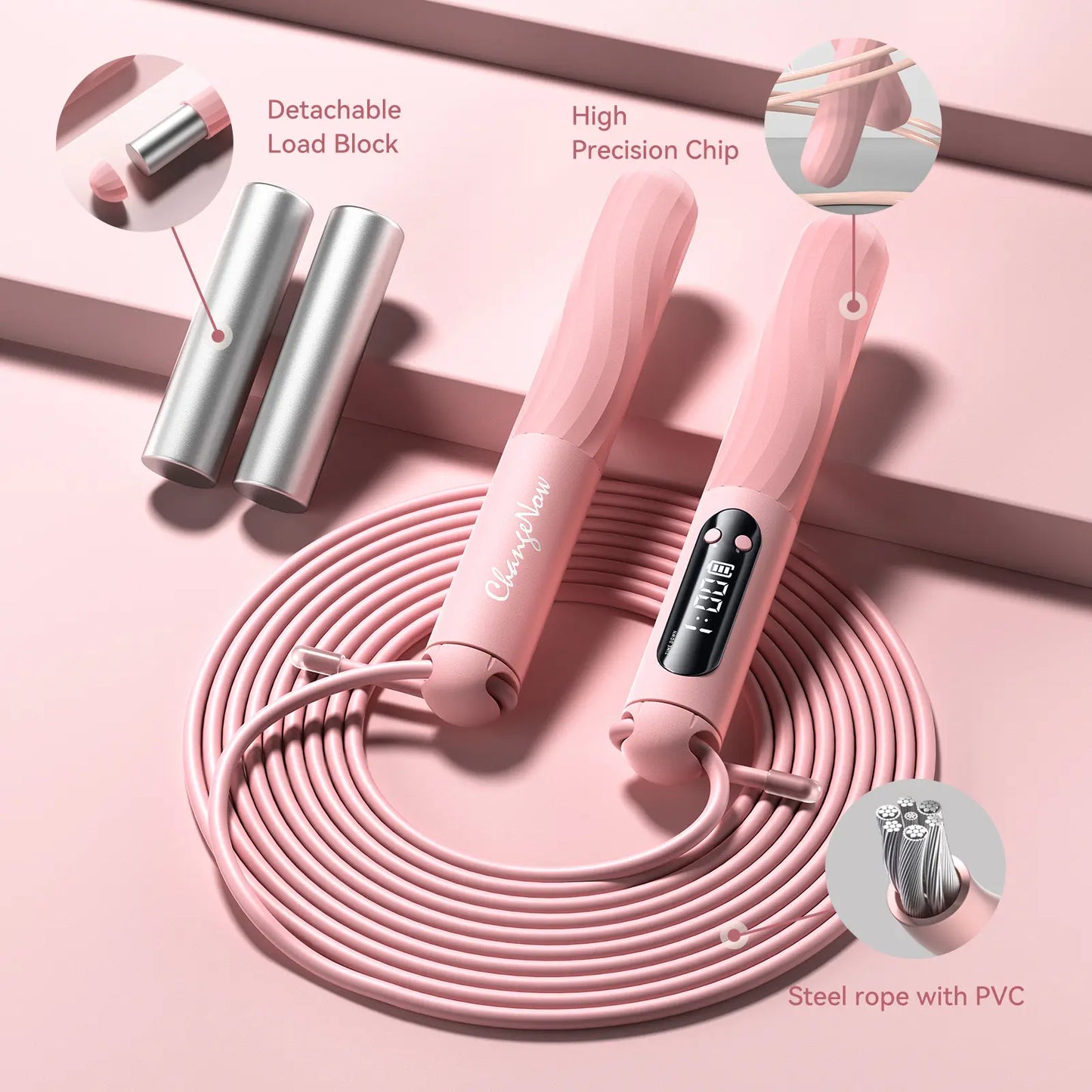 CHANGENOW Cordless Jump Rope with Large LED Display High-Precision Chip Cordless Ball Option Home Workout Equipment Pink